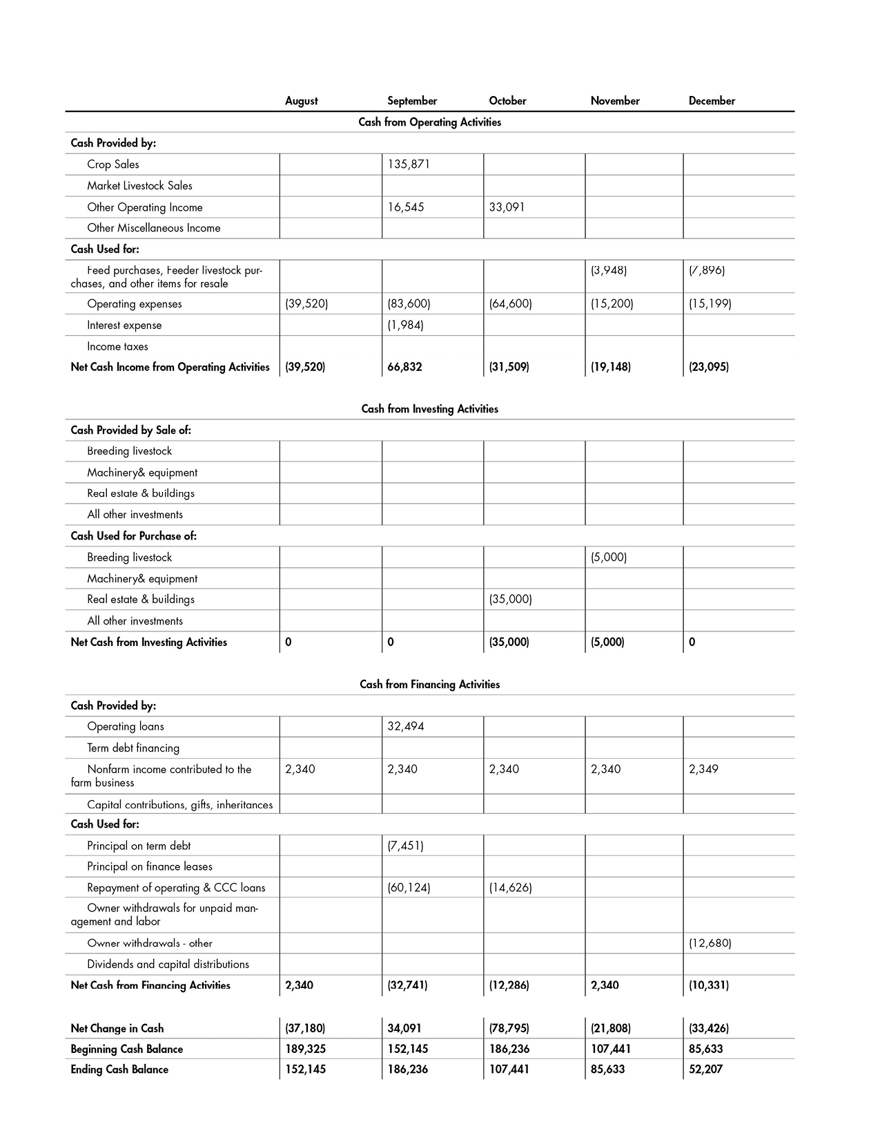 Cash flow statement example that covers months Auguts through December.